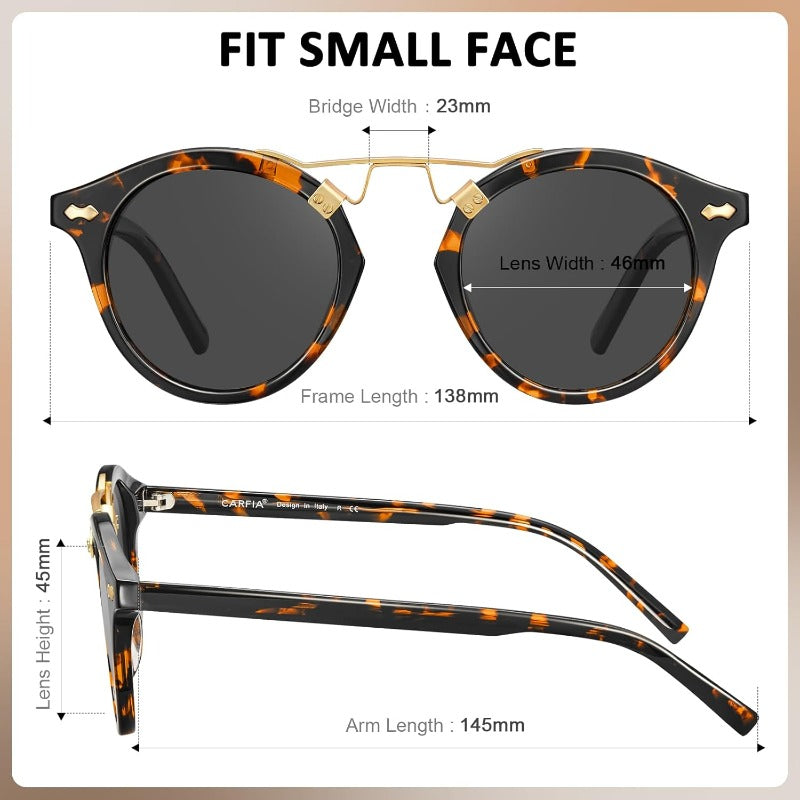CARFIA Women's Small Face Retro Round Polarized Fashion Glasses - UV Protection 400nm